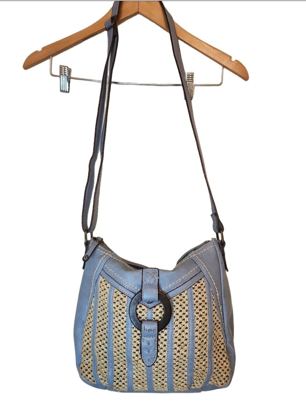 b.ø.c. Born Concept Cornflower Blue Faux Leather & Woven Straw Crossbody Bag